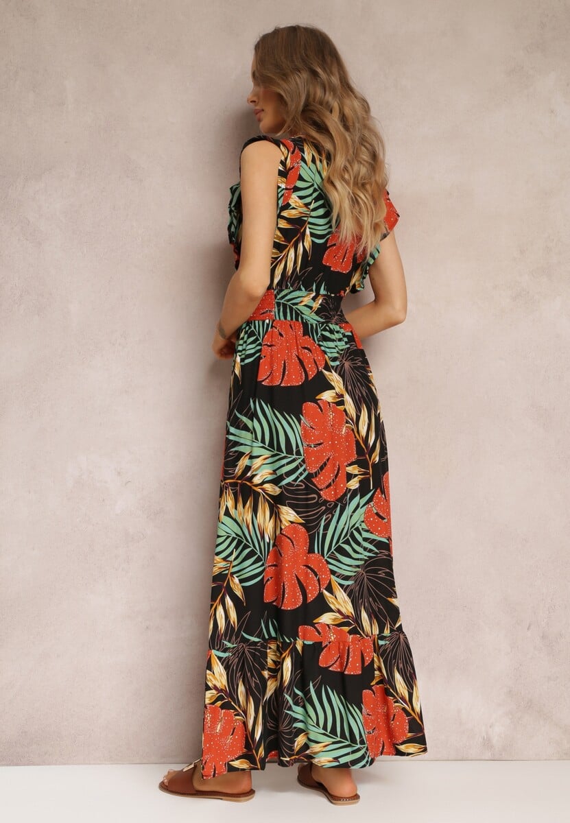 Czarna Kopertowa Sukienka Maxi z Wiskozy z Gumkami w Talii Leamone