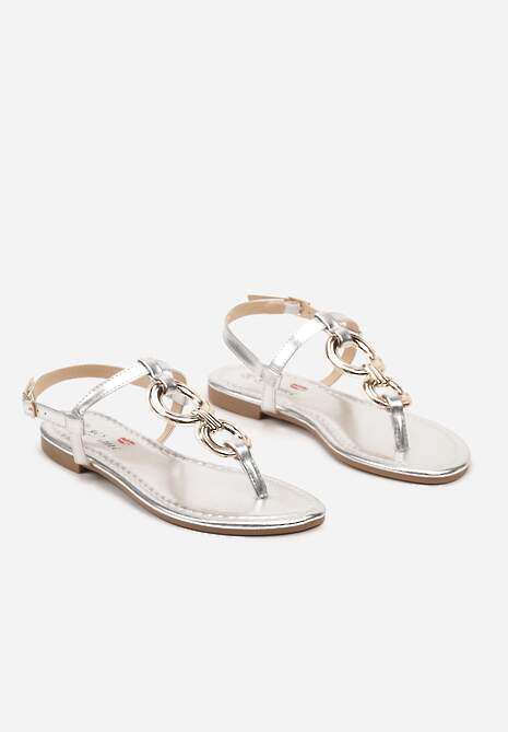 Srebrne Płaskie Sandały z Ekoskóry Zapinane na Sprzączkę z Ozdobnymi Aplikacjami Viruna