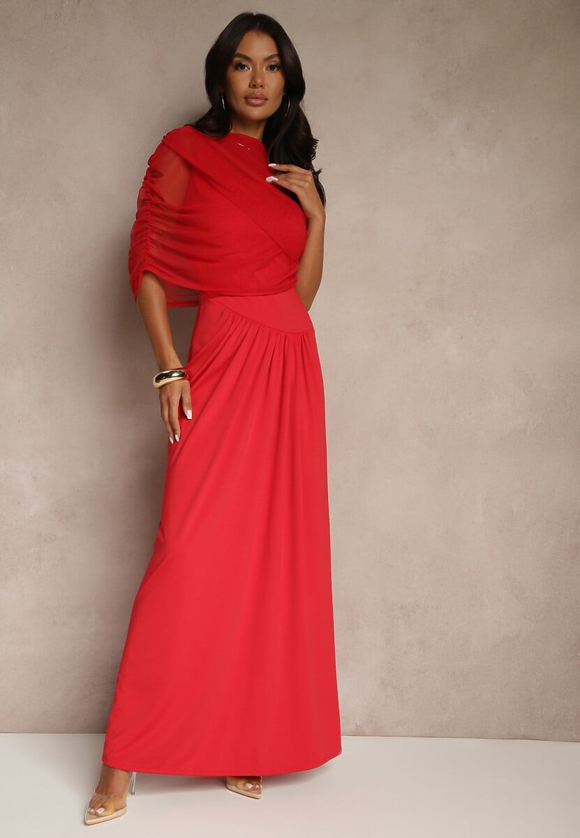 Czerwona Marszczona Sukienka o Taliowanym Kroju z Dodatkową Narzutką z Siateczki Milarielis