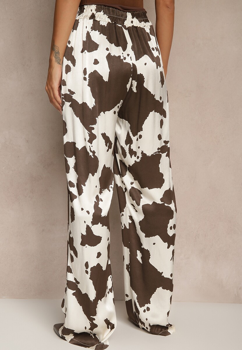 Brązowe Szerokie Spodnie High Waist z Wiskozy w Print w Krowie Łaty Nelianta