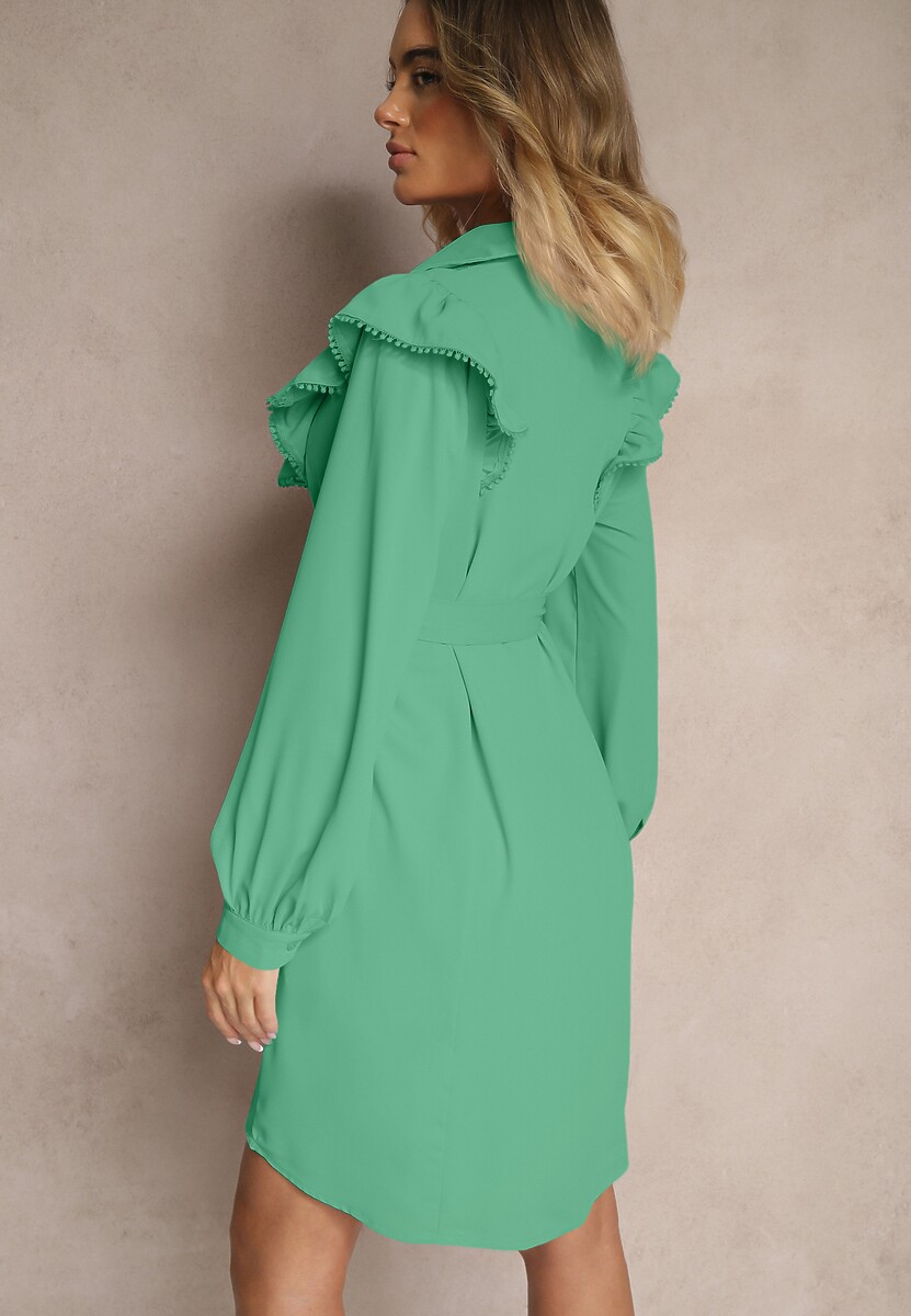 Ciemnozielona Rozkloszowana Sukienka Koszulowa z Falbankami i Koronką Naik