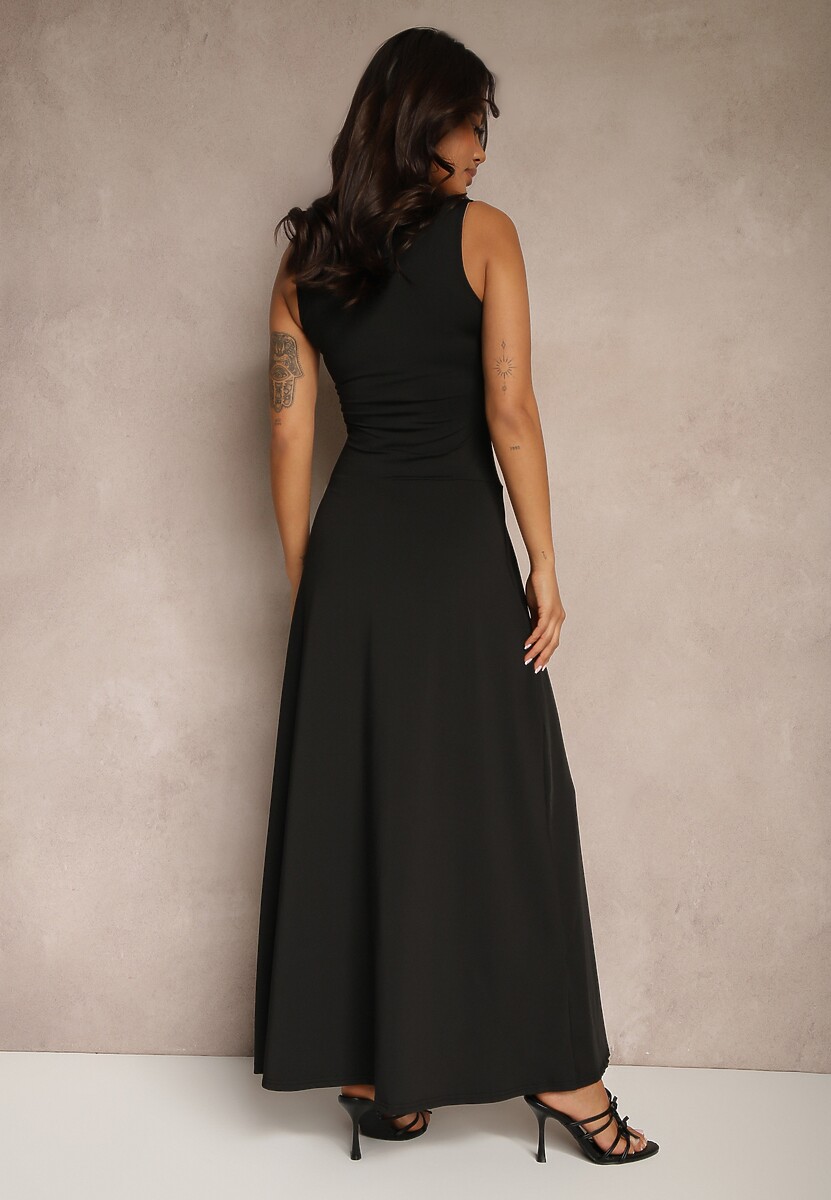 Czarna Sukienka z Dopasowaną Górą i Rozkloszowanym Dołem Bez Rękawów Aspafle