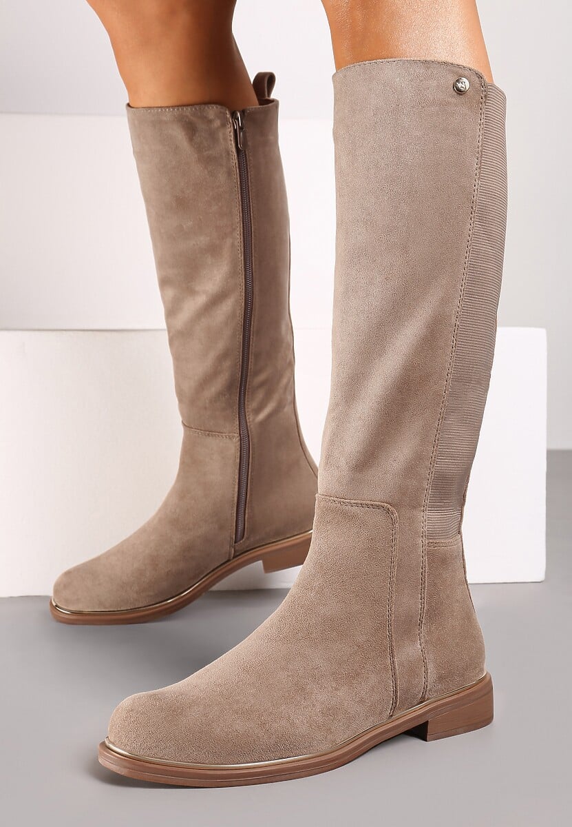 Czarne Kozaki z Ekozamszu na Płaskiej Podeszwie w Stylu Oficerek z Gumką Ansista