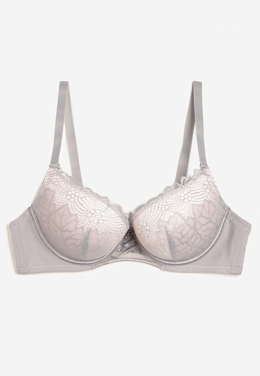 Szaro-Różowy Biustonosz Push Up z Ozdobną Koronką i Zawieszką Gialine