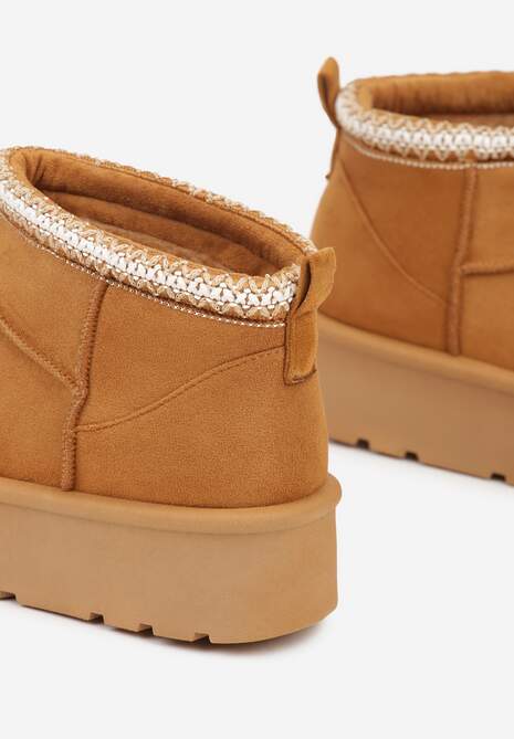 Brązowe Śniegowce na Platformie z Haftem przy Cholewce Sewnera