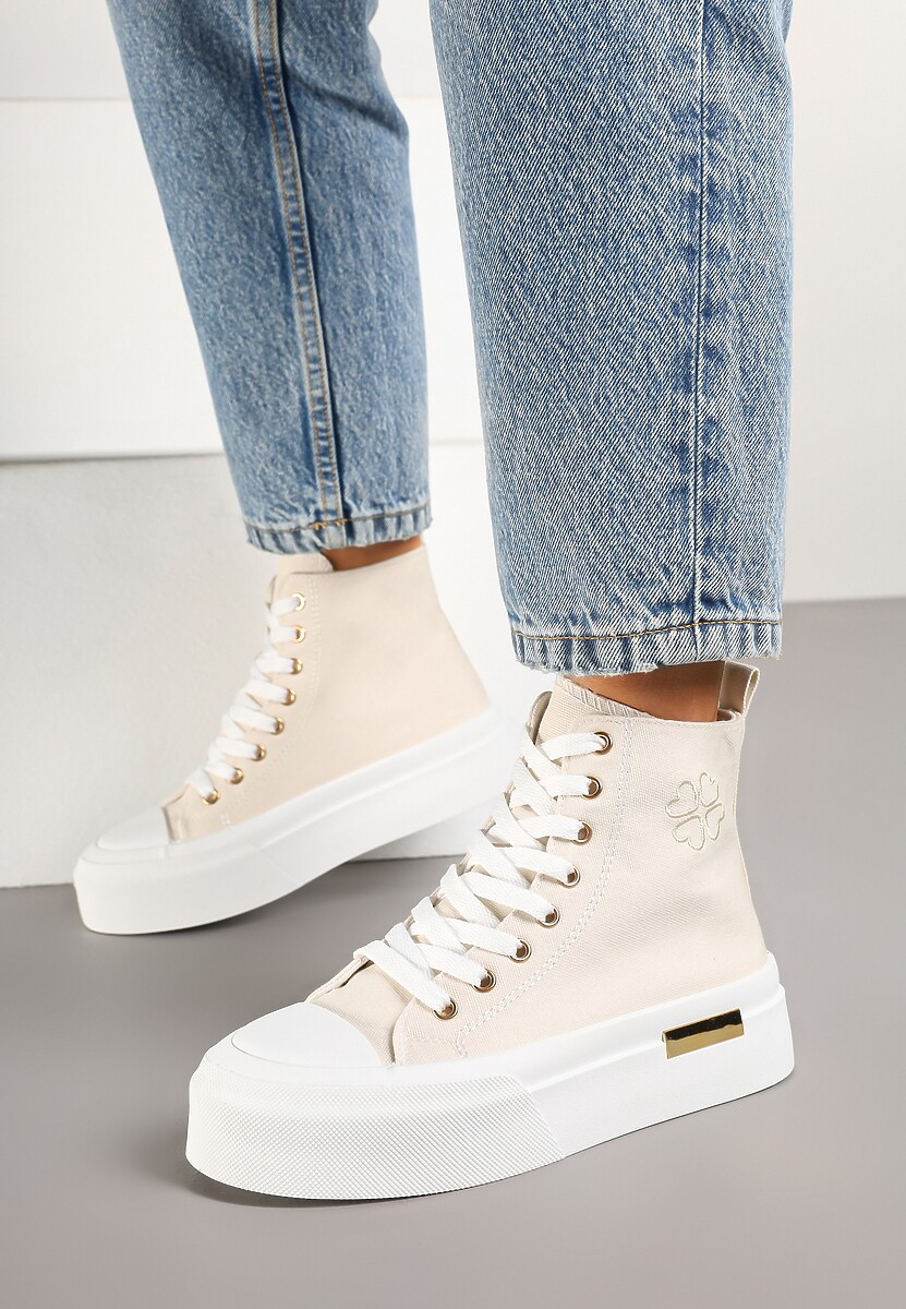 Beżowe Trampki na Platformie z Wysoką Cholewką Ozdobione Haftem Fonaril