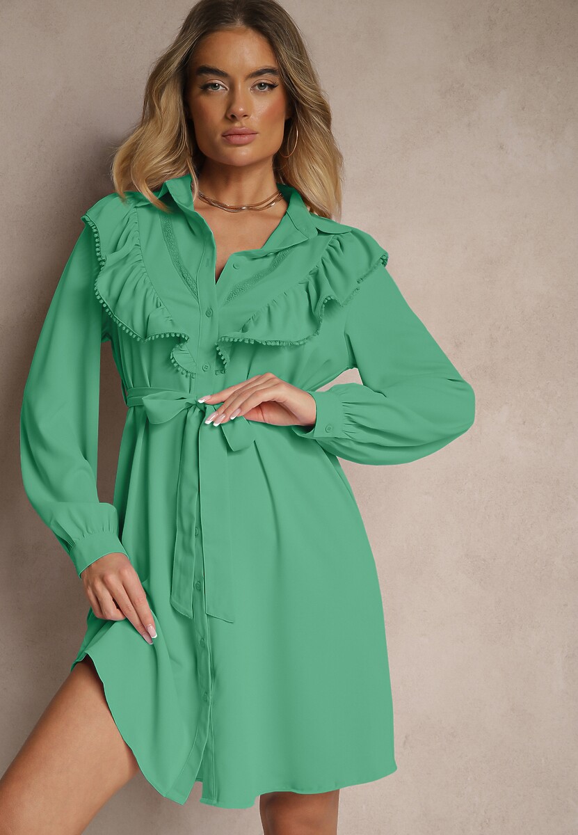 Ciemnozielona Rozkloszowana Sukienka Koszulowa z Falbankami i Koronką Naik