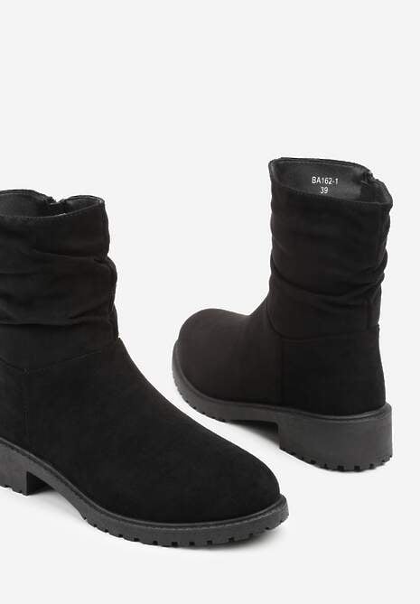 Czarne Botki z Imitacji Zamszu z Marszczoną Cholewką do Kostki Ilora
