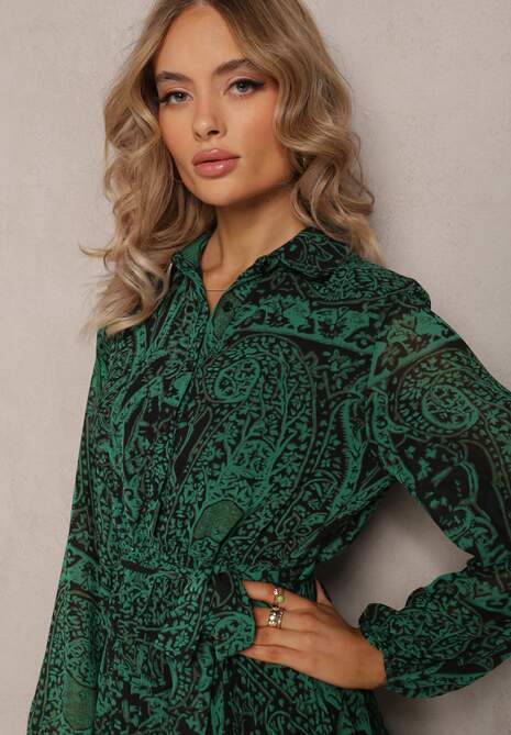 Ciemnozielona Sukienka Rozkloszowana z Wiązanym Paskiem Blerore