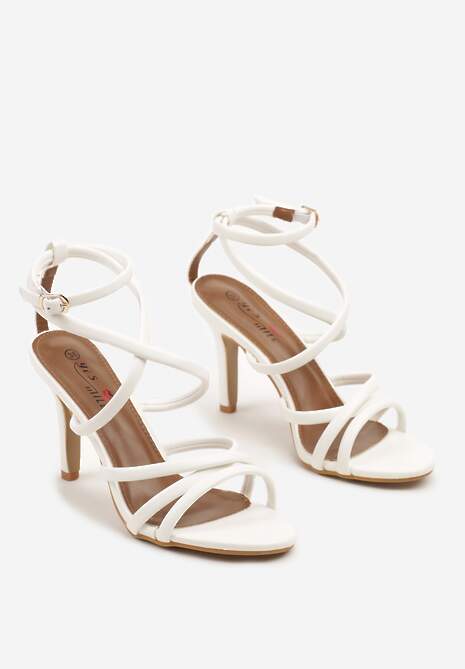 Białe Sandały Szpilki ze Skrzyżowanymi Paskami Zapinane na Sprzączkę Lusija