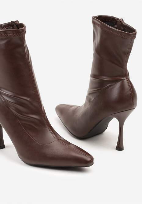 Brązowe Botki Vices na Szpilce z Dopasowaną Cholewką Adonella