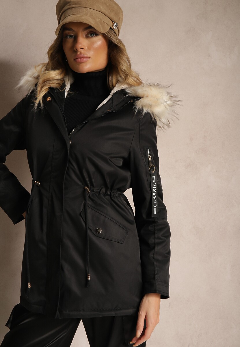 Zielono-Szara Kurtka Parka z Kapturem i Futrzanym Obszyciem z Możliwością Odpięcia Inaveira