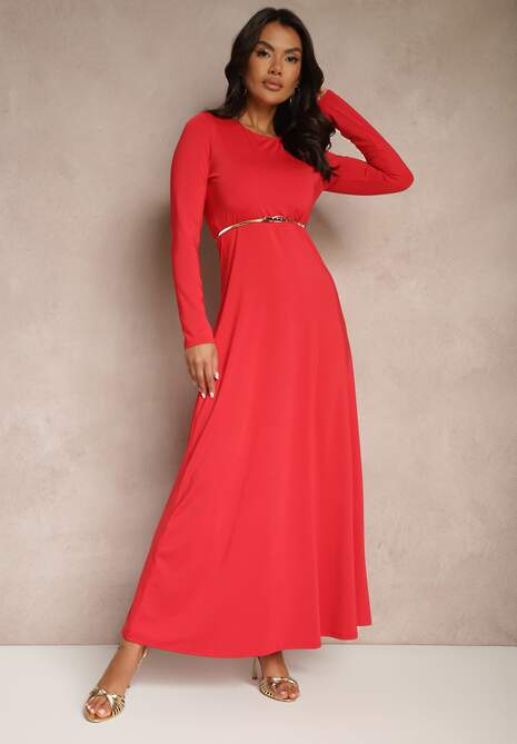 Czerwona Sukienka z Wiskozą o Rozkloszowanym Kroju z Wycięciem na Plecach Isollina