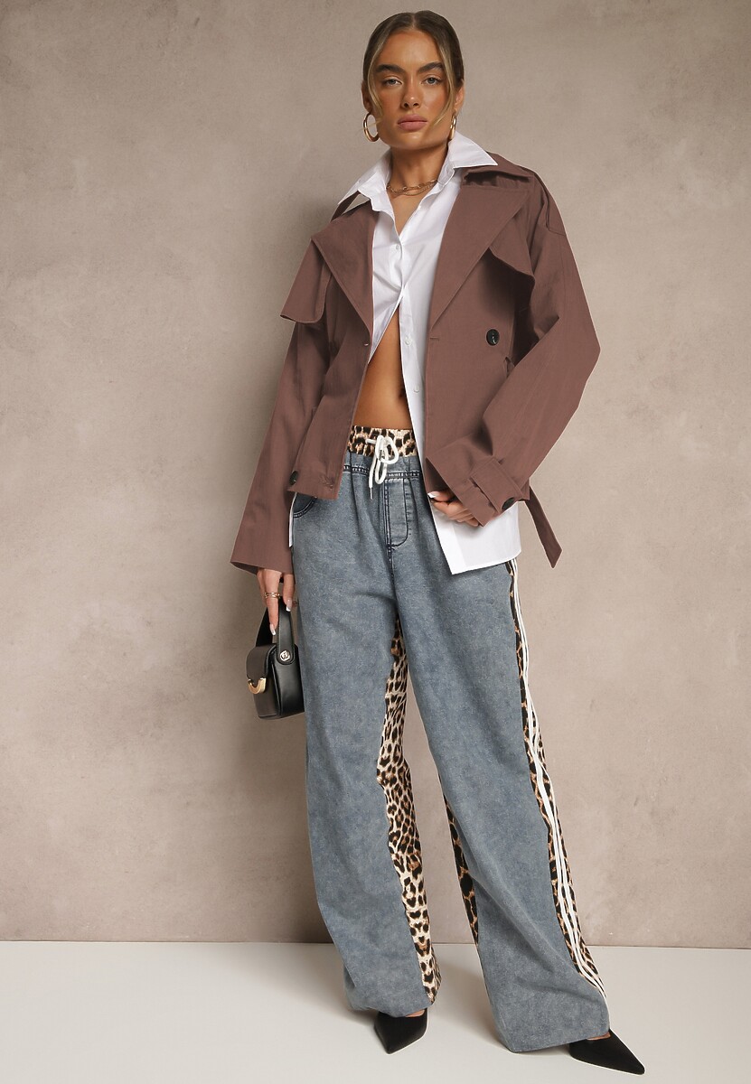 Jasnobrązowy Dwurzędowa Kurtka w Stylu Trencza o Krótkim Kroju z Paskiem Stellis