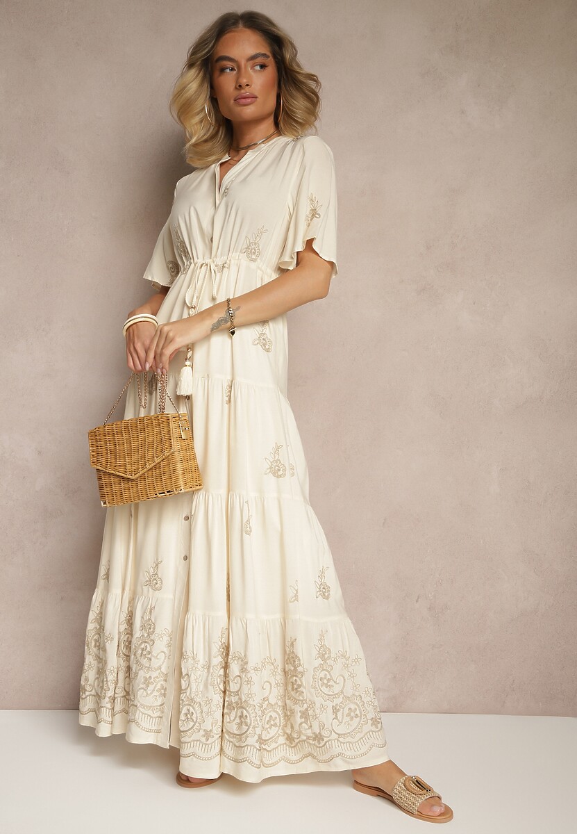 Beżowa Rozkloszowana Sukienka Boho z Wiskozy Zdobiona Haftem i Wiązaniem Falvania