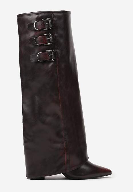 Bordowe Kozaki na Słupku z Wywiniętą Cholewką Klamrami i Paskami Renniel