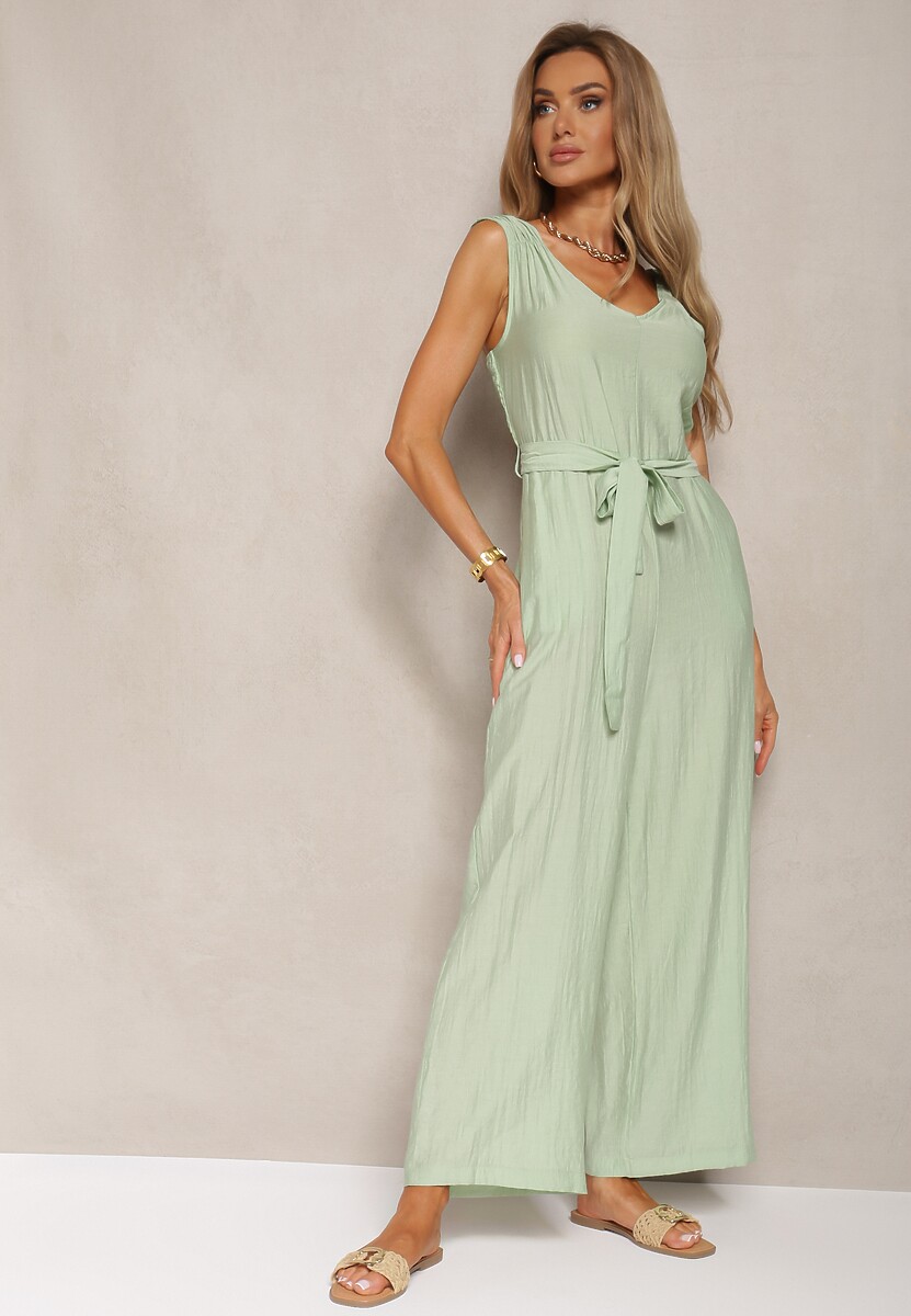 Jasnozielony Kombinezon z Wiskozy z Szerokimi Nogawkami z Gumką w Pasie i Materiałowym Paskiem Acladia