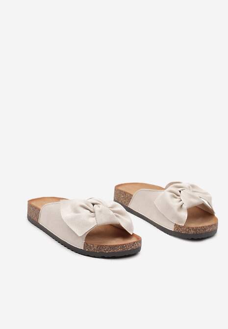 Beżowe Klapki z Imitacji Zamszu z Kokardką i Podeszwą z Korkową Wstawką Riopella