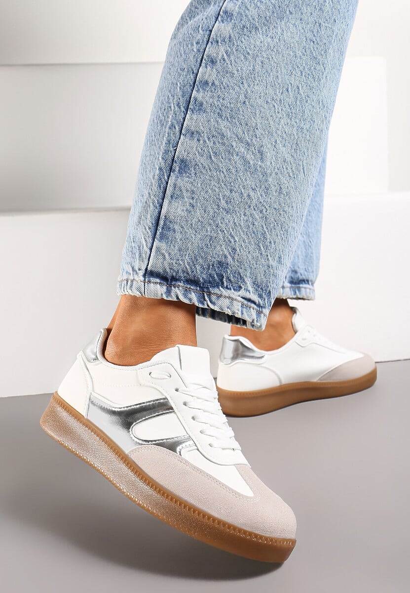 Biało-Srebrne Sneakersy w Stylu Kultowych Tenisówek z Kauczukową Podeszwą Poseiama