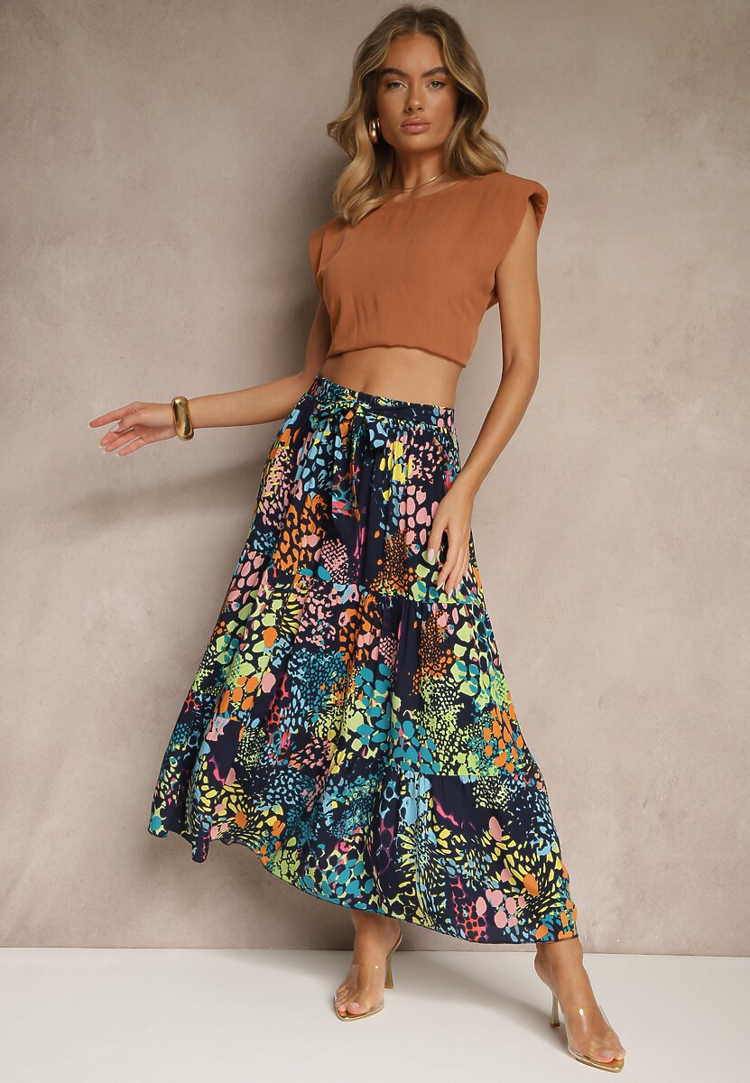 Granatowa Spódnica z Wiskozy z Gumką w Pasie Ozdobiona Abstrakcyjnym Printem Bimella