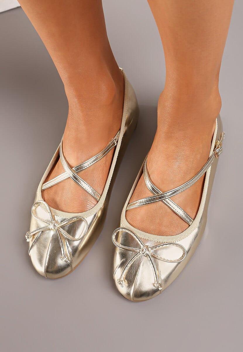 Złote Balerinki z Ozdobnymi Paskami na Sprzączkę i Kokardką Zrisa