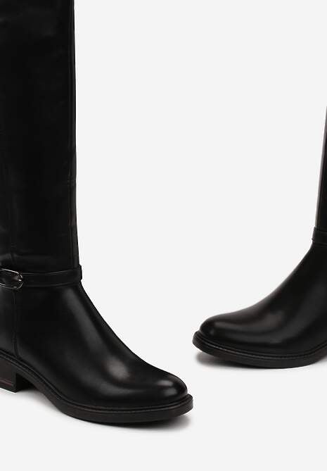 Czarne Kozaki na Płaskim Obcasie Muszkieterki z Klamrą Callela