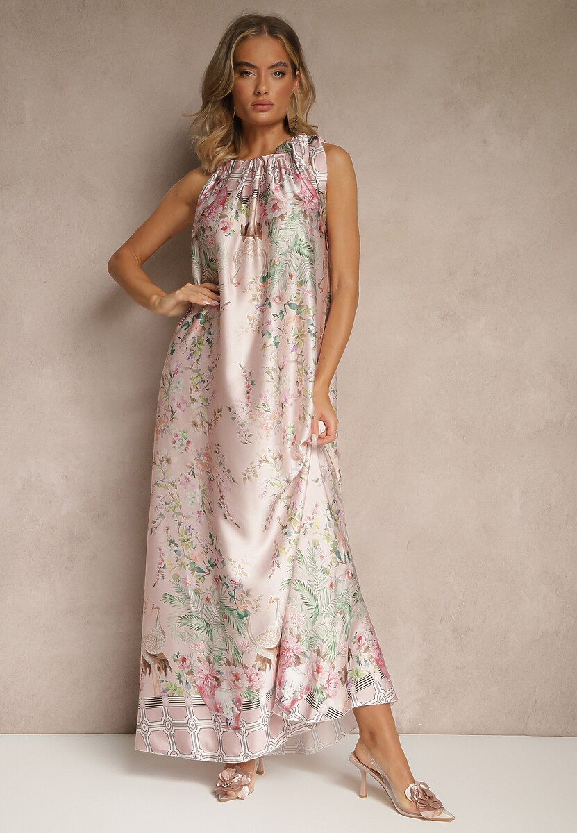Jasnoróżowa Sukienka z Satyny Zdobiona Kwiatowym Wzorem i Wiązaniem Fenalesa