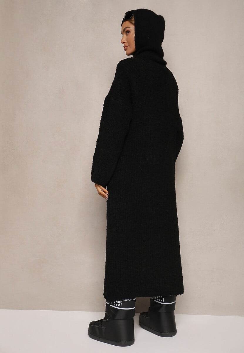 Czarny Niezapinany Kardigan z Wełną o Długim Kroju Temindriae