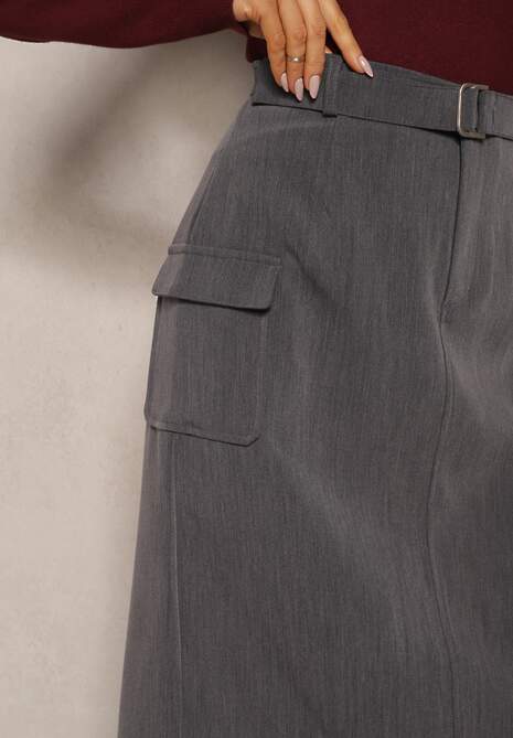 Szara Spódnica z Wiskozą Ozdobione Kieszeniami Cargo i Materiałowym Paskiem Labinia