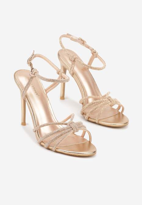 Szampańskie Sandały na Szpilce z Przeplatanymi Paskami z Cyrkoniami Lunafera