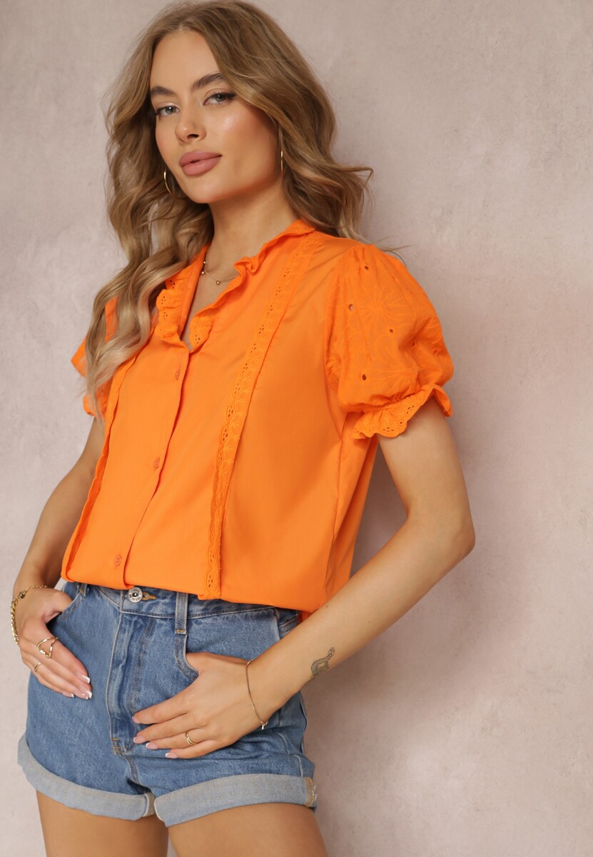 Pomarańczowa Koszula z Bufiastymi Rękawami i Koronkowymi Wstawkami Rathima