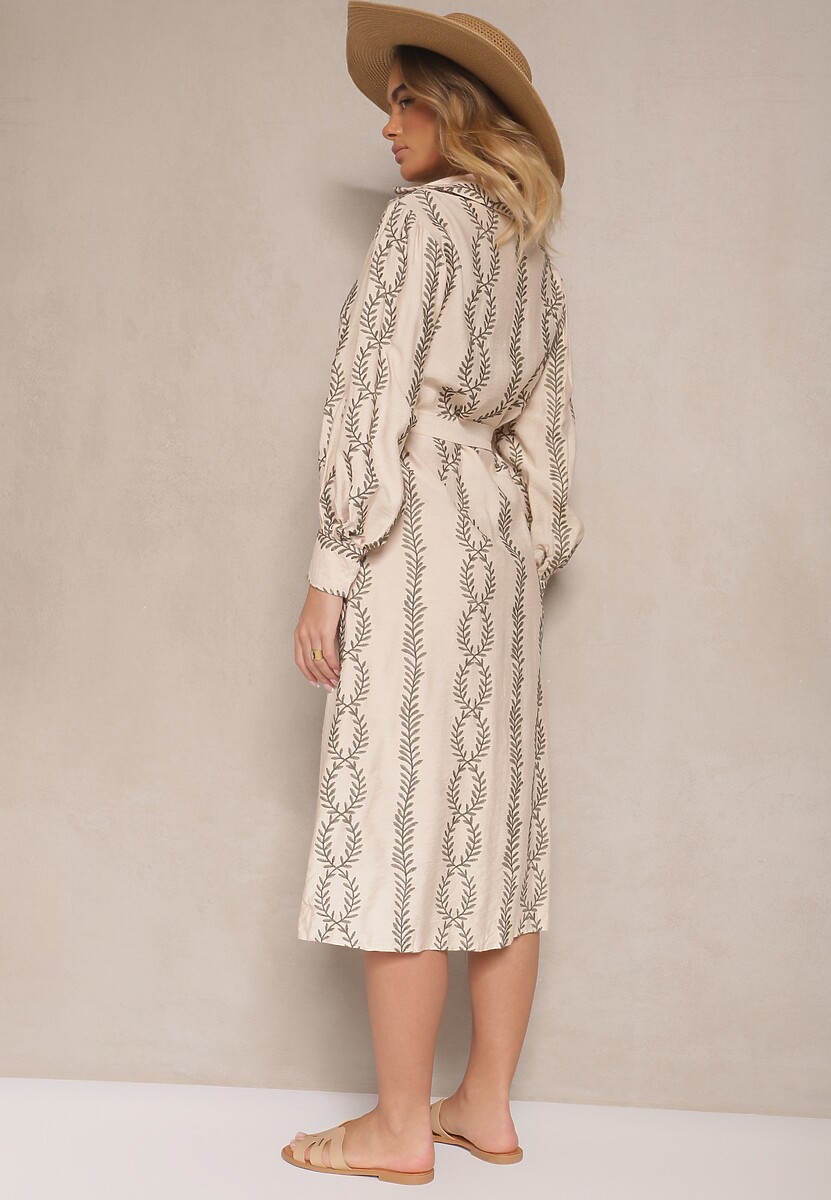 Beżowa Wiskozowa Sukienka o Koszulowym Kroju z Haftem i Wiązanym Paskiem Salliene