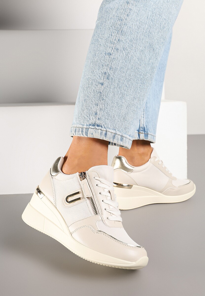 Beżowe Sneakersy na Koturnie z Ozdobnym Zamkiem Błyskawicznym Hanarael