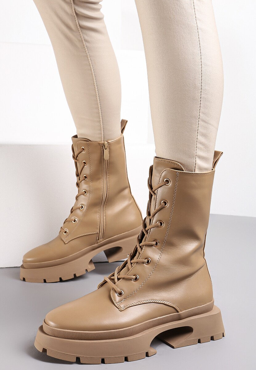 Ciemnobeżowe Botki Workery na Grubej Podeszwie Palua