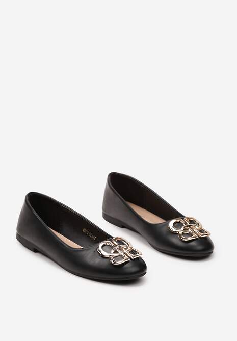 Czarne Balerinki Klasyczne Wsuwane ze Złotą Ozdobą z Metalu Tarins