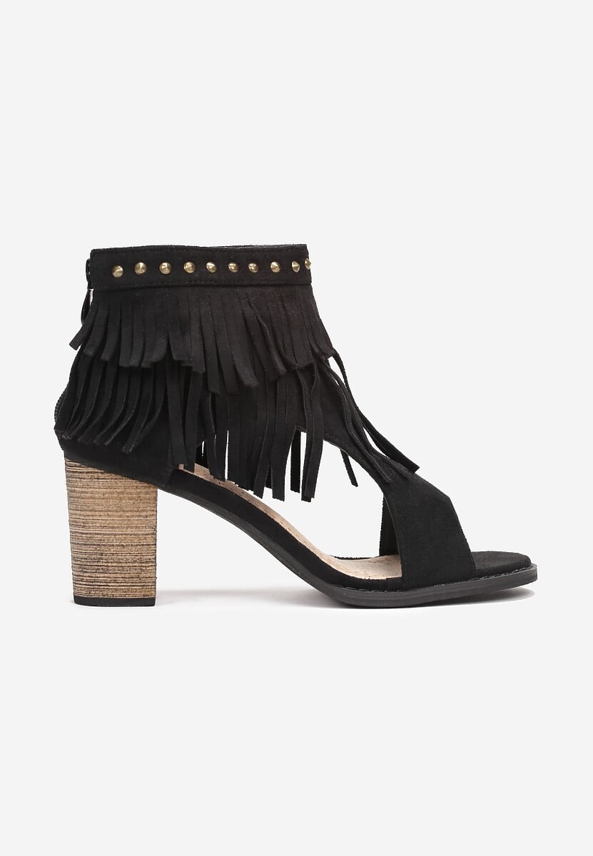 Czarne Sandały za Kostkę z Frędzlami i Ćwiekami Inayat