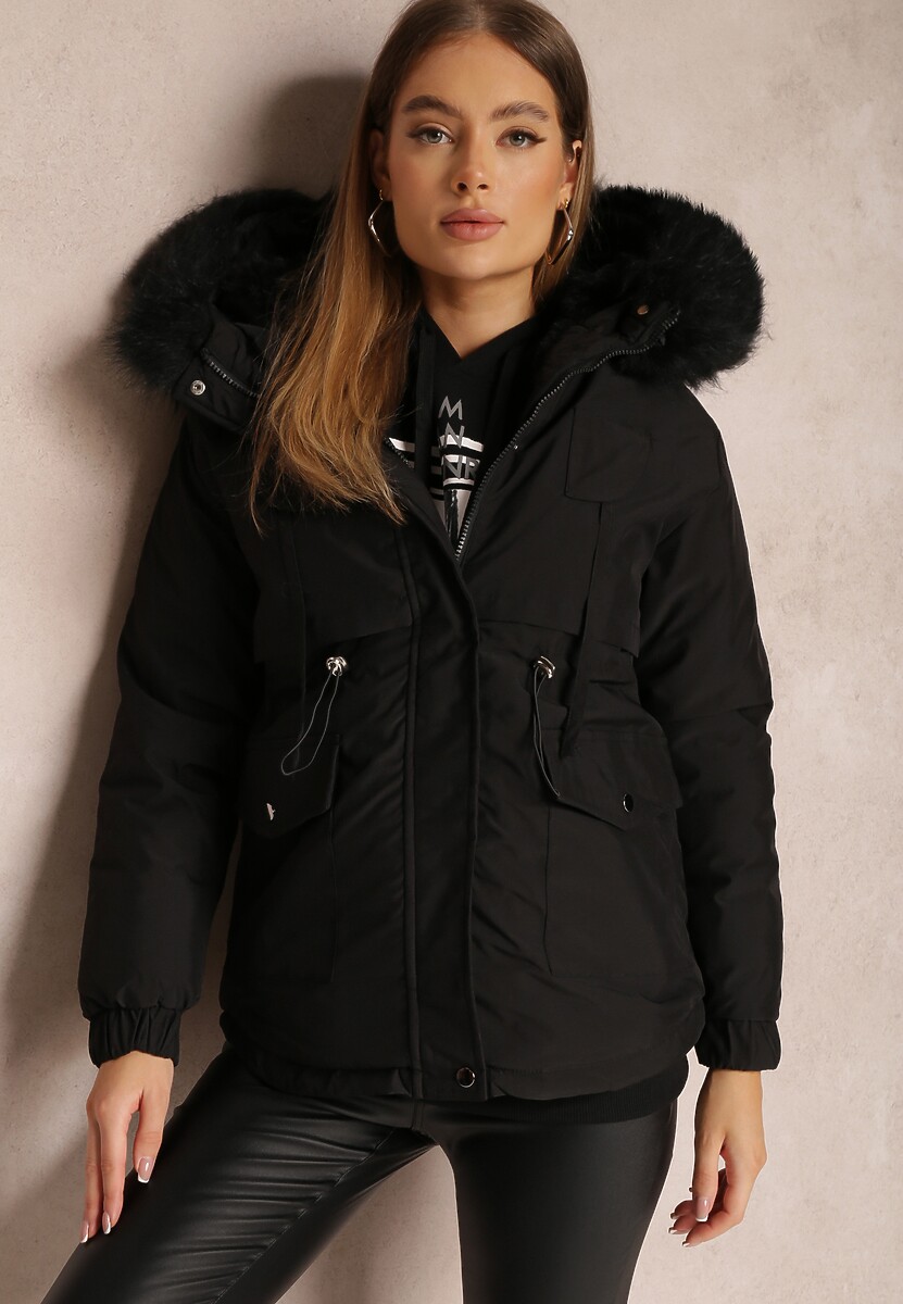 Czarna Kurtka Pudełkowa z Futerkiem Phylereia