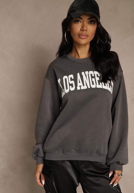 Szara Bluza z Bawełną Ozdobiona  Napisem Fezolda