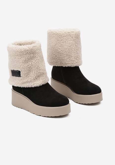 Czarne Botki na Koturnie Ozdobione Futerkiem w Stylu Baranka Asdora