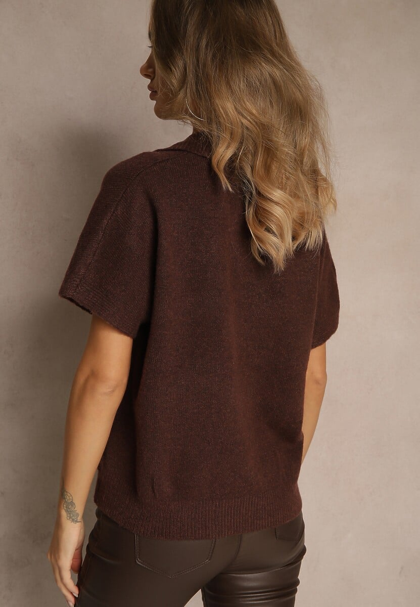 Brązowy Sweter z Wełną z Krótkim Rękawem i Dekoltem V z Kołnierzem Tevirna
