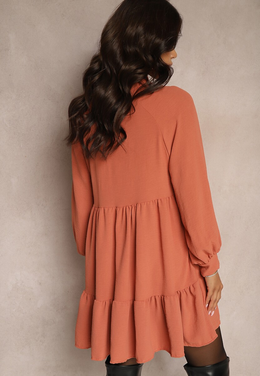 Pomarańczowa Rozkloszowana Sukienka Mini z Falbankami Atercja