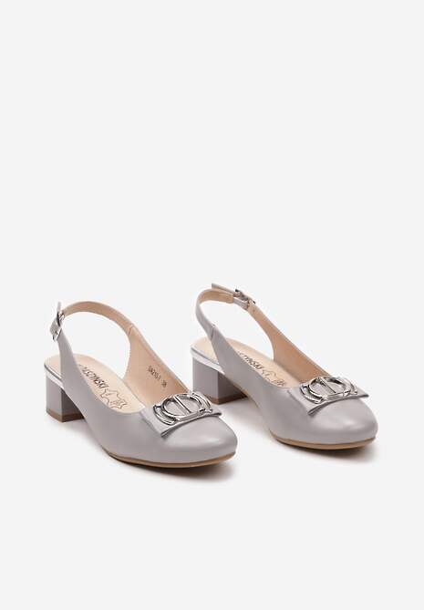 Szare Czółenka na Słupku bez Pięty z Wkładką ze Skóry Naturalnej i Aplikacją Wotesa