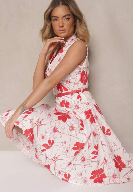 Czerwona Rozkloszowana Sukienka z Bawełny o Kopertowym Kroju z Paskiem z Klamerką Calriz