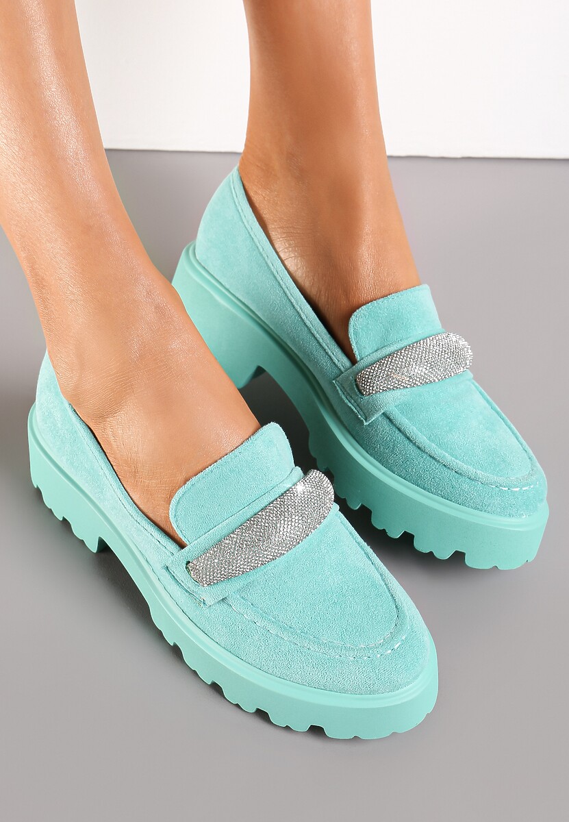 Zielone Mokasyny z Paskiem z Cyrkonii i Grubej Podeszwie Degase