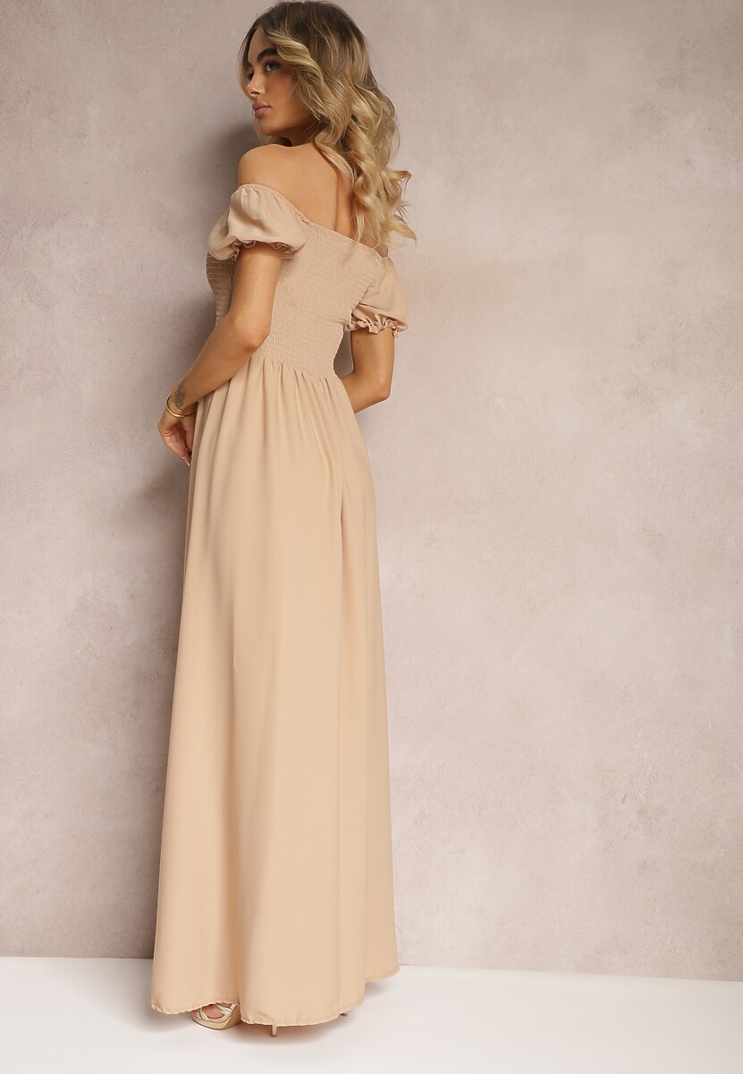 Beżowa Sukienka z Gumeczkami w Talii i Przy Dekolcie z Rozkloszowanym Dołem Anideta