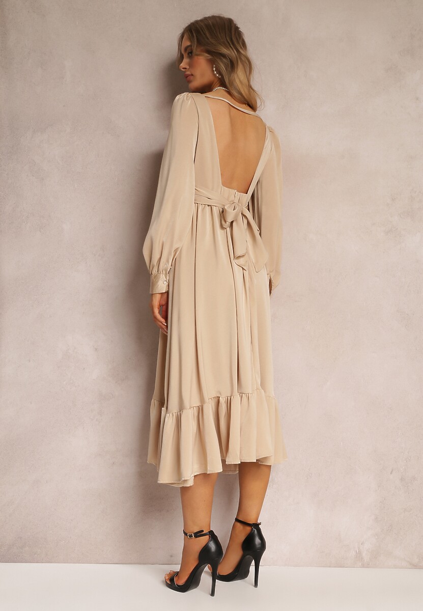 Beżowa Sukienka Midi z Falbanką na Dole i Supełkiem przy Trójkątnym Dekolcie Nimalisa