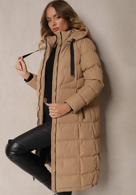 Beżowa Kurtka z Kapturem i Pikowanymi Przeszyciami Zdobiona Szerokimi Taśmami Etterisa