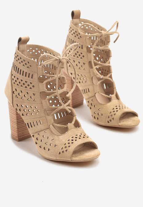 Ciemnobeżowe Ażurowe Botki Vices na Słupku Nimisa