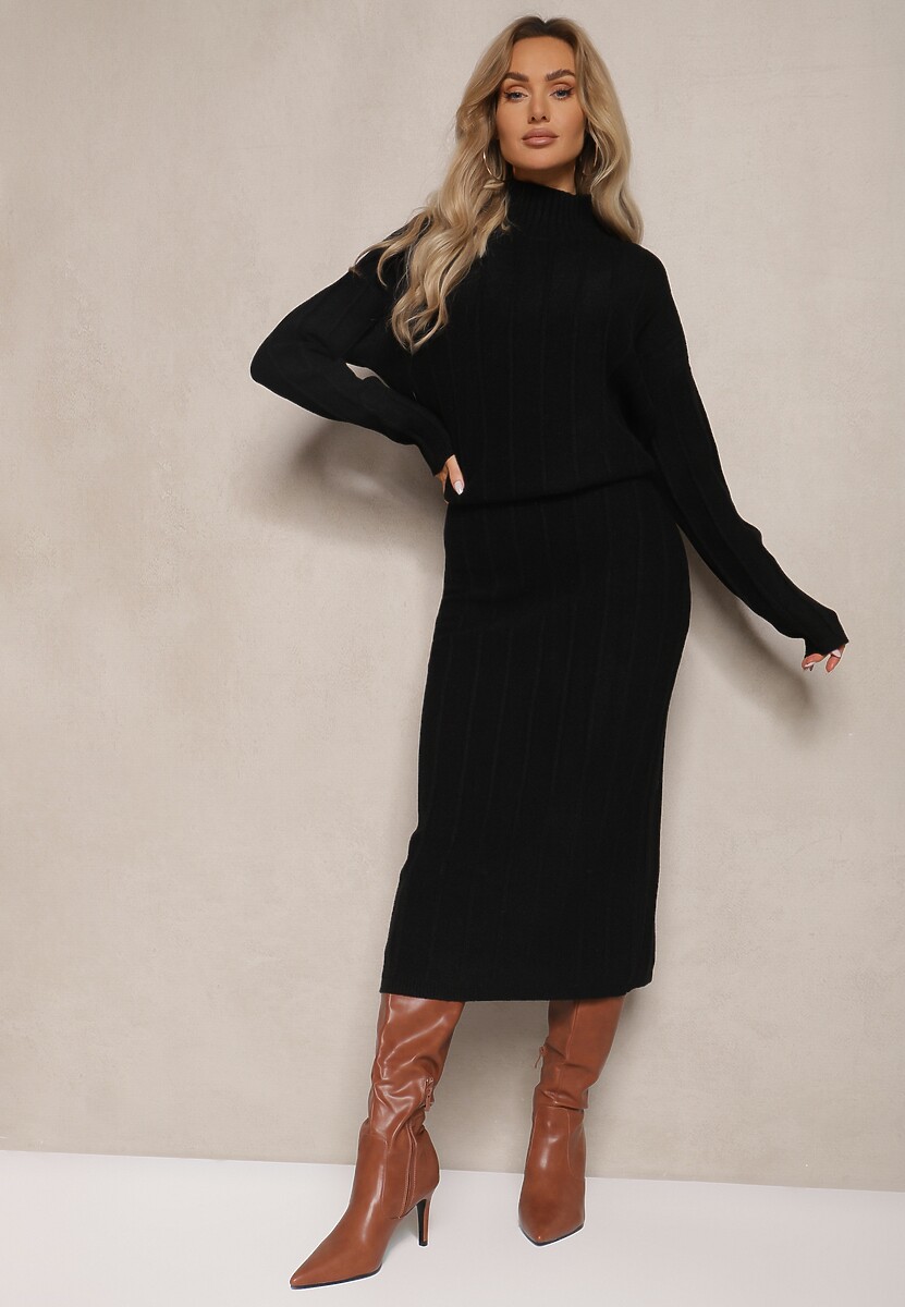 Szary Komplet z Tłoczonej Dzianiny z Wiskozą Sweter z Półgolfem i Dopasowana Spódnica Atteleia