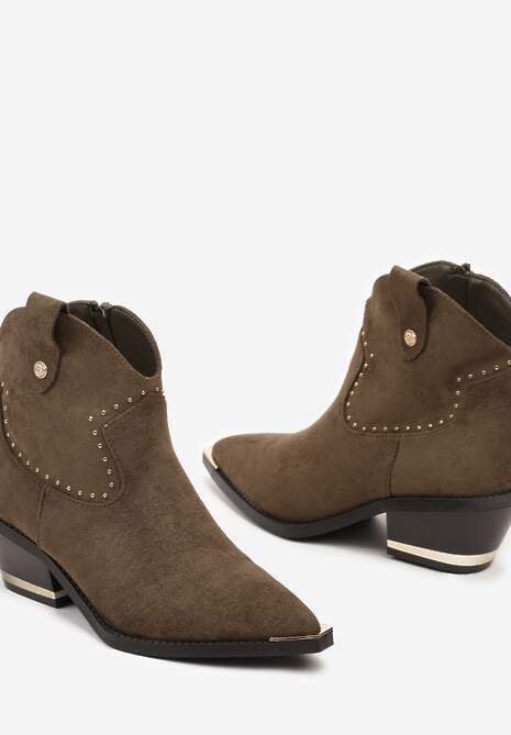 Ciemnozielone Botki Kowbojki z Ekozamszu z Niską Cholewką Zdobioną Nitami Riarosea